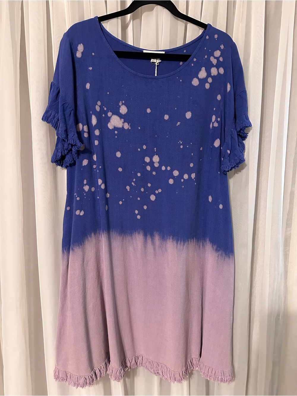 Umgee Royal Blue Purple Bleach Dipped Splatter Dress Pockets and Ruffle Sleeve